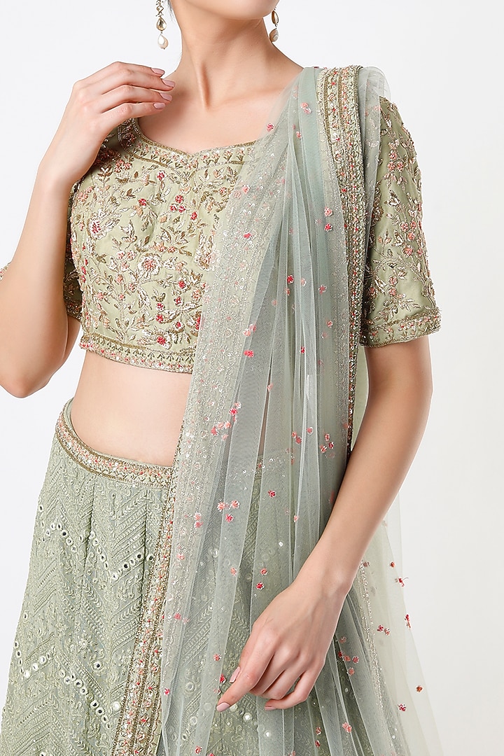Olive Green Chikankari Embroidered Wedding Lehenga Set by Kalighata at Pernia's Pop Up Shop