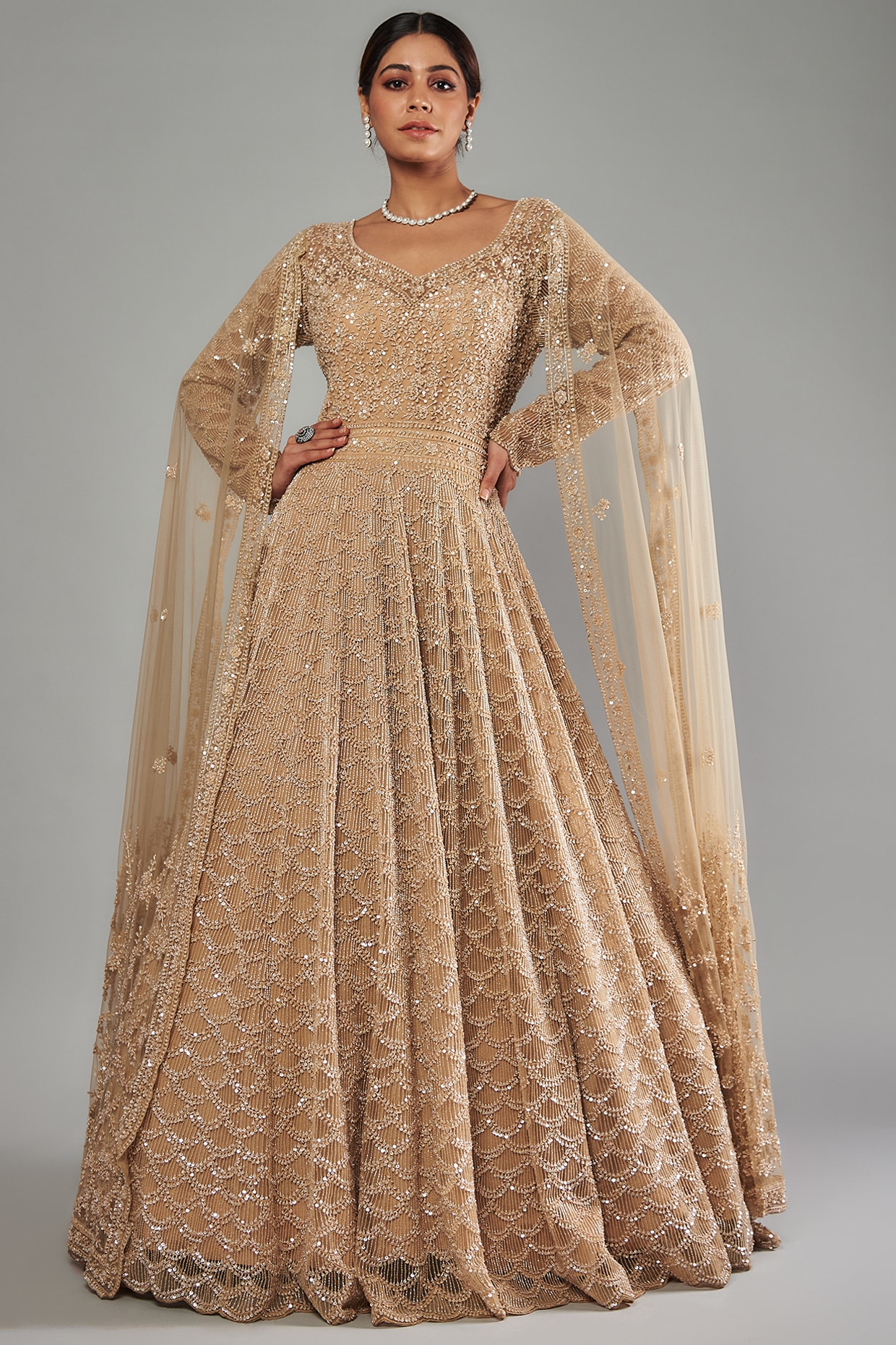 Embroidered Net Abaya Style Suit in Beige : KCH8294
