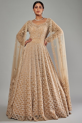 Pernia's Pop Up Shop - Kalighata Women Gold Net Sequins Embroidered Gown