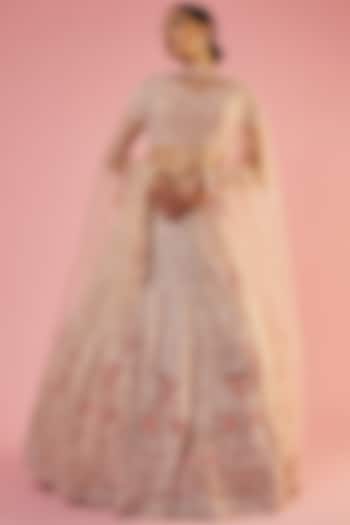 Peach Net Embroidered Bridal Lehenga Set by Kalighata at Pernia's Pop Up Shop