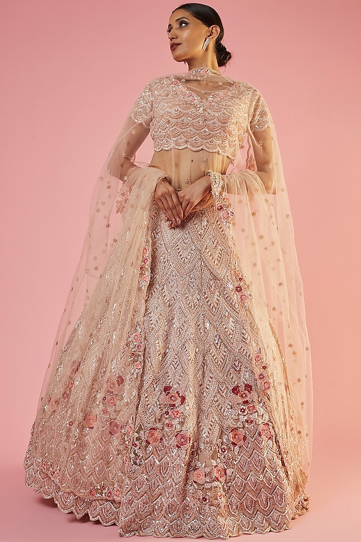 Peach Net Embroidered Bridal Lehenga Set by Kalighata at Pernia's Pop Up Shop