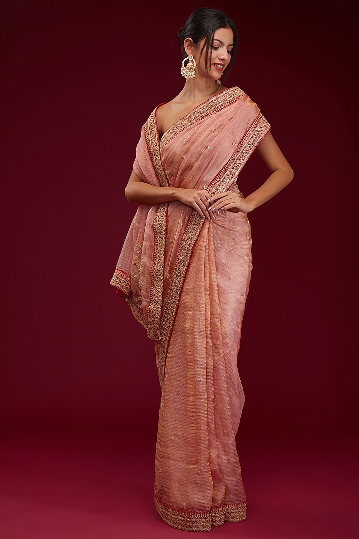 Peach Tissue Organza Embroidered Saree Set by Kalighata at Pernia's Pop Up Shop