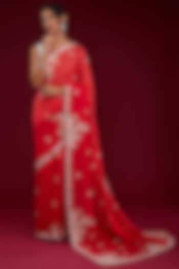 Red Raw Silk Thread Embroidered Wedding Saree Set by Kalighata at Pernia's Pop Up Shop