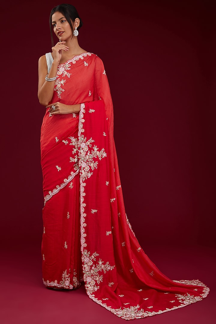 Red Raw Silk Thread Embroidered Wedding Saree Set by Kalighata at Pernia's Pop Up Shop