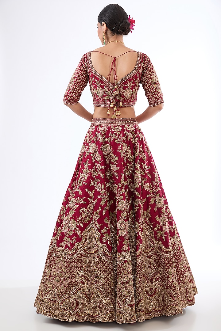 Maroon Raw Silk Hand & Machine Embroidered Bridal Lehenga Set by Kalighata at Pernia's Pop Up Shop