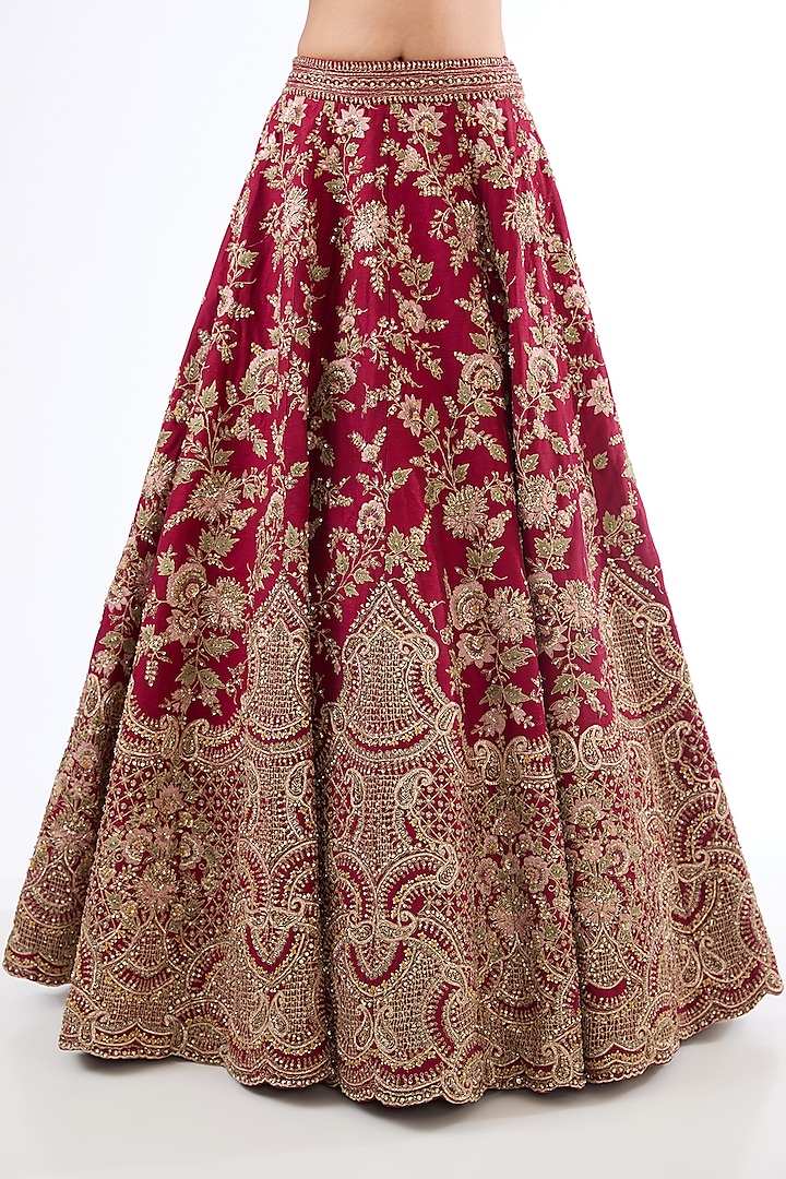 Maroon Raw Silk Hand & Machine Embroidered Bridal Lehenga Set by Kalighata at Pernia's Pop Up Shop