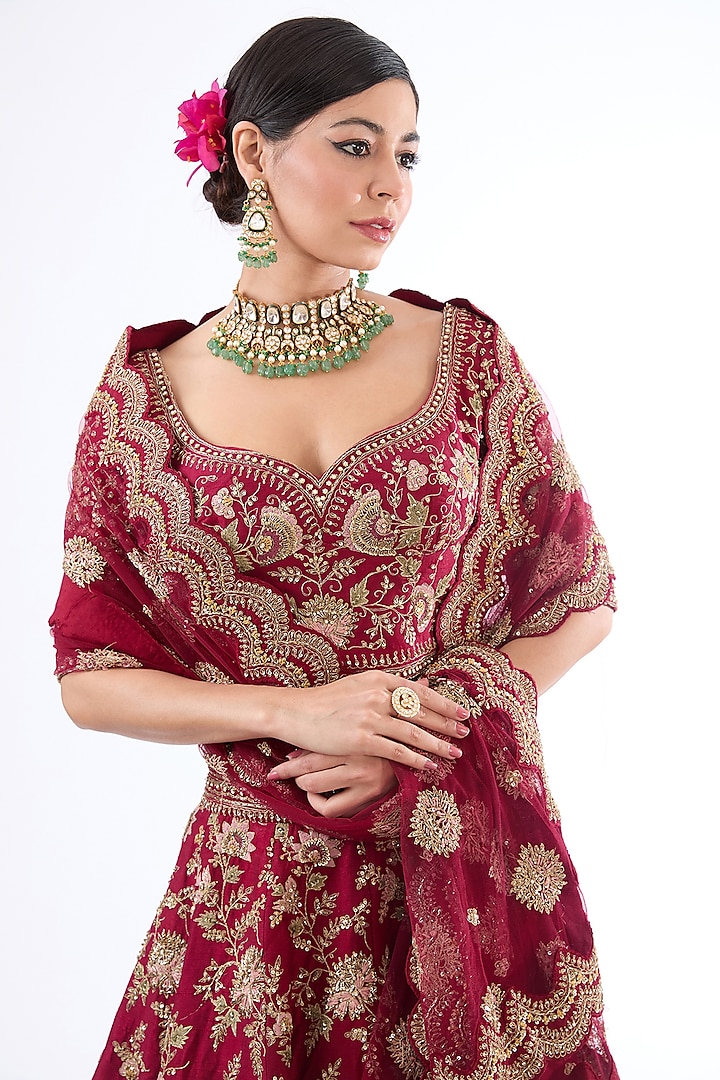 Maroon Raw Silk Hand & Machine Embroidered Bridal Lehenga Set by Kalighata at Pernia's Pop Up Shop