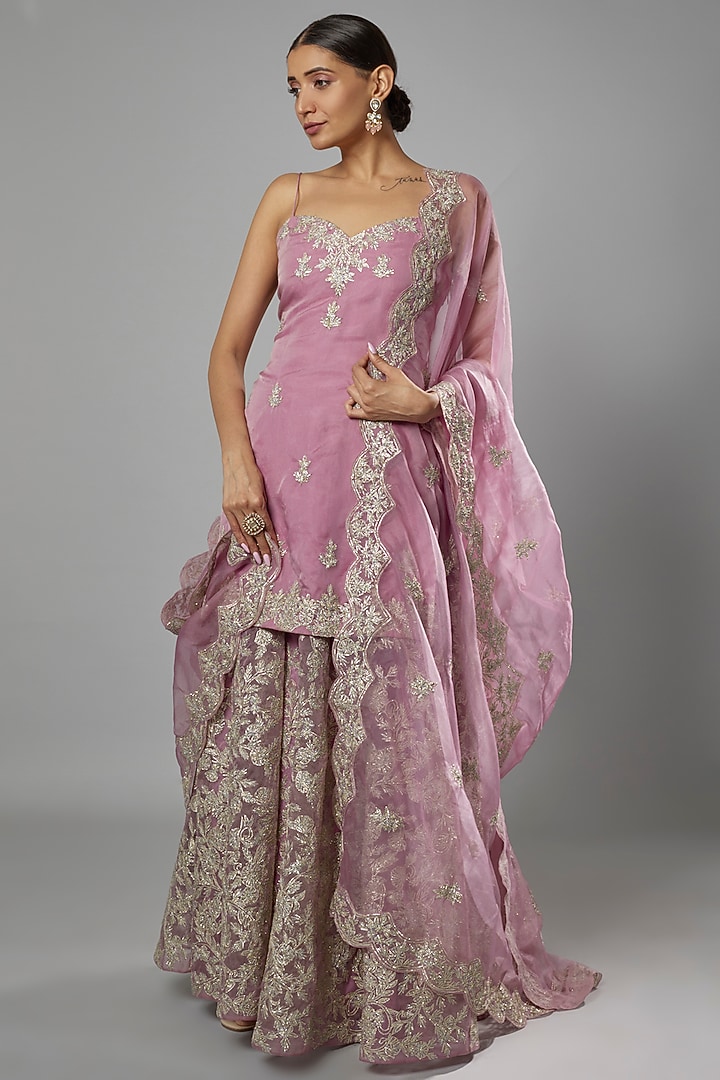 Mauve Organza Embroidered Wedding Sharara Set by Kalighata at Pernia's Pop Up Shop