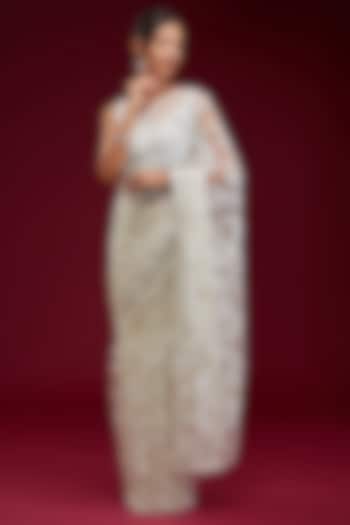 White Net Cutdana Embroidered Reception Saree Set by Kalighata at Pernia's Pop Up Shop