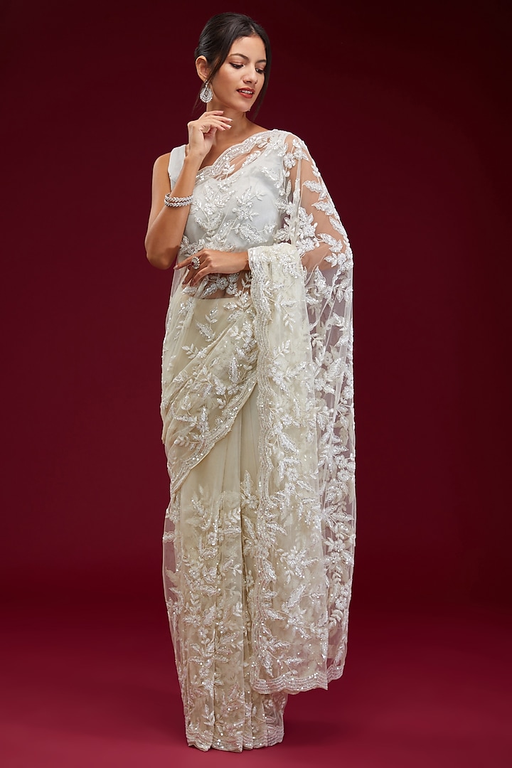 White Net Cutdana Embroidered Reception Saree Set by Kalighata at Pernia's Pop Up Shop