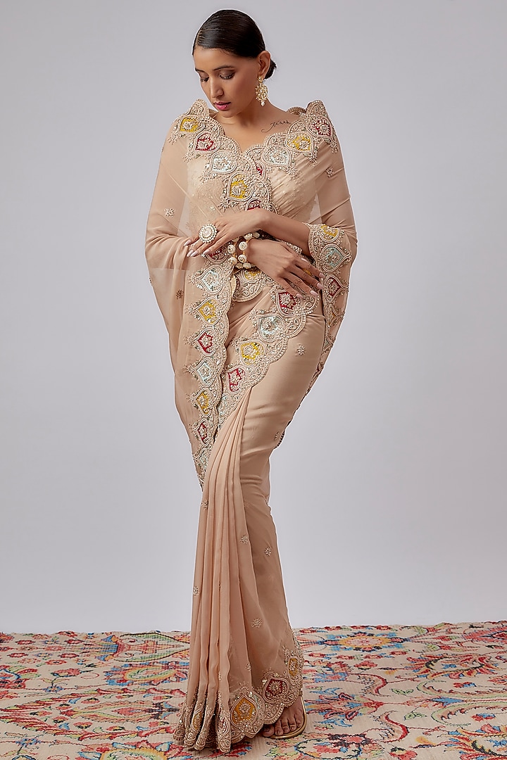 Beige Organza Hand Embroidered Saree Set by Kalighata at Pernia's Pop Up Shop