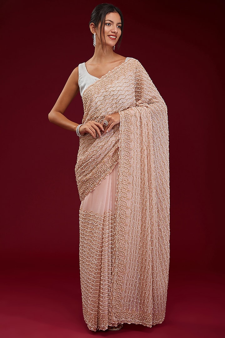 Peach Organza Cutdana Embroidererd Saree Set by Kalighata at Pernia's Pop Up Shop