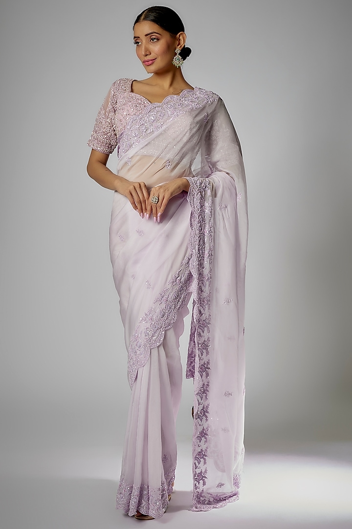 Lilac Organza Embroidered Saree Set by Kalighata