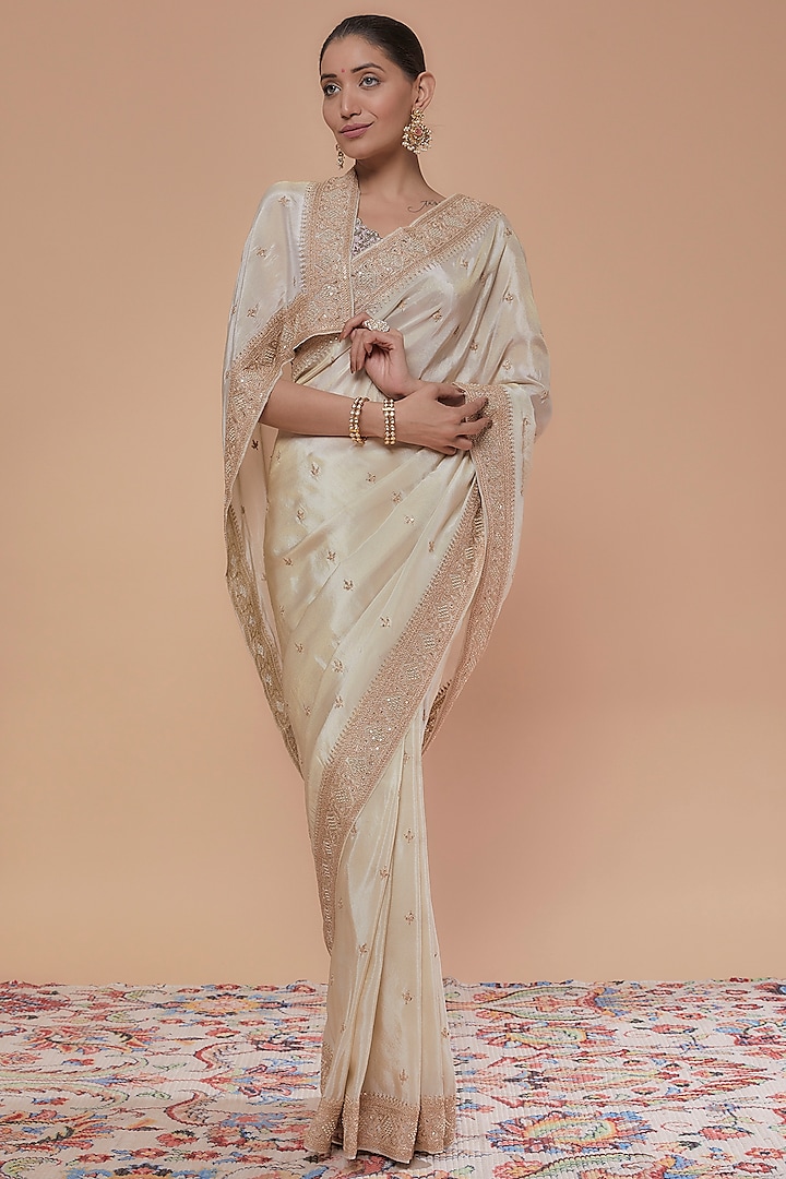 Ivory Tissue Hand Embroidered Saree Set by Kalighata