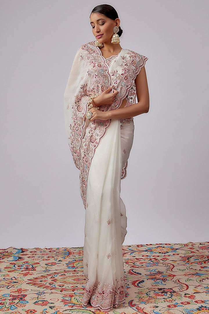 Ivory Organza Hand Embroidered Reception Saree Set by Kalighata at Pernia's Pop Up Shop