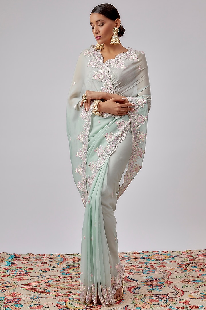 Aqua Organza Hand Embroidered Wedding Saree Set by Kalighata at Pernia's Pop Up Shop