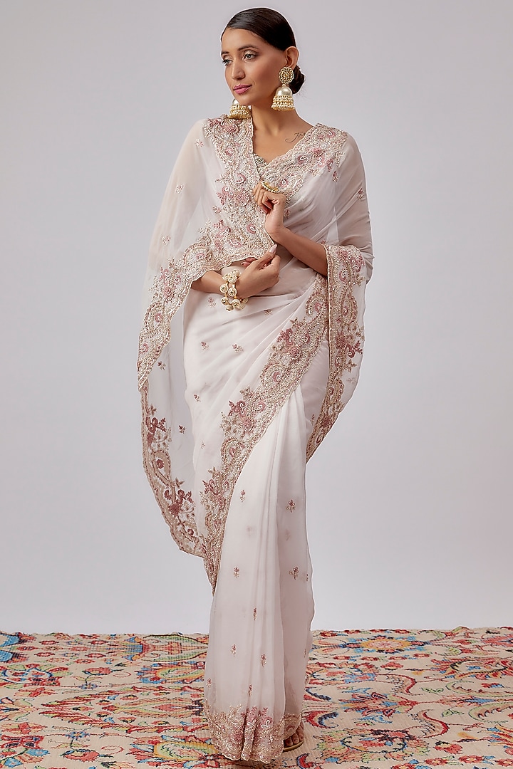 Pink Organza Hand Embroidered Wedding Saree Set by Kalighata at Pernia's Pop Up Shop