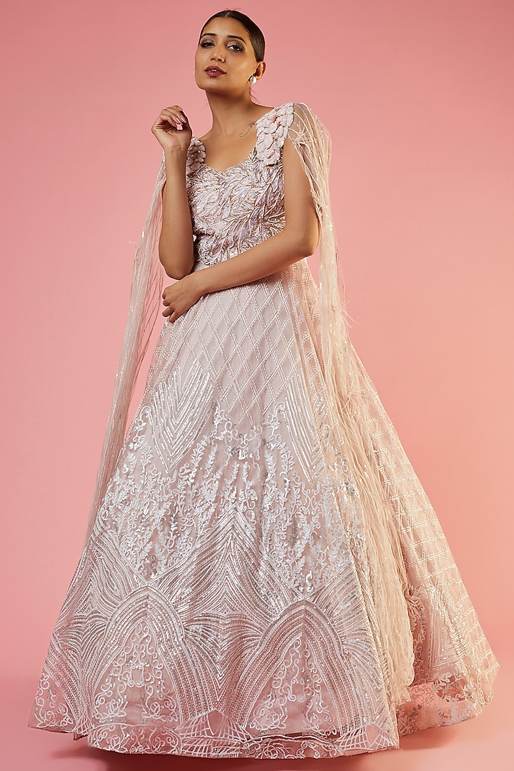 Peach Net Embellished Gown by Kalighata