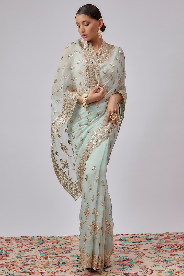 Aqua Pure Organza Hand Embroidered Saree Set by Kalighata at Pernia's Pop Up Shop