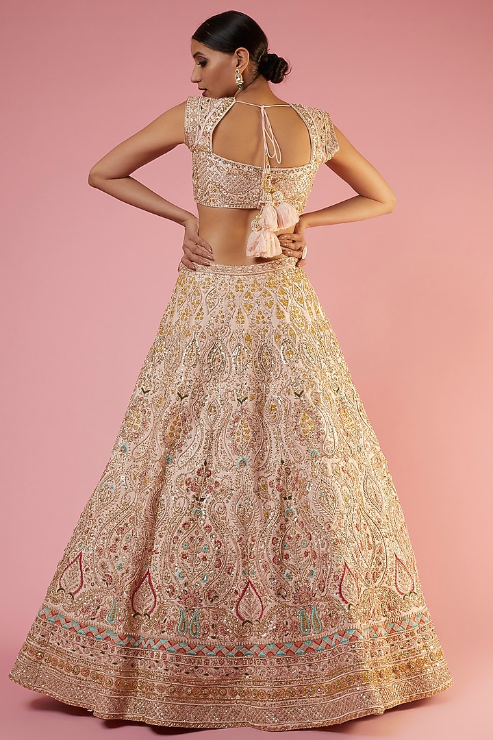 Peach Raw Silk Embroidered Bridal Lehenga Set by Kalighata at Pernia's Pop Up Shop
