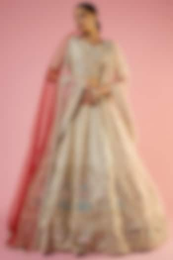 Peach Raw Silk Embroidered Lehenga Set by Kalighata