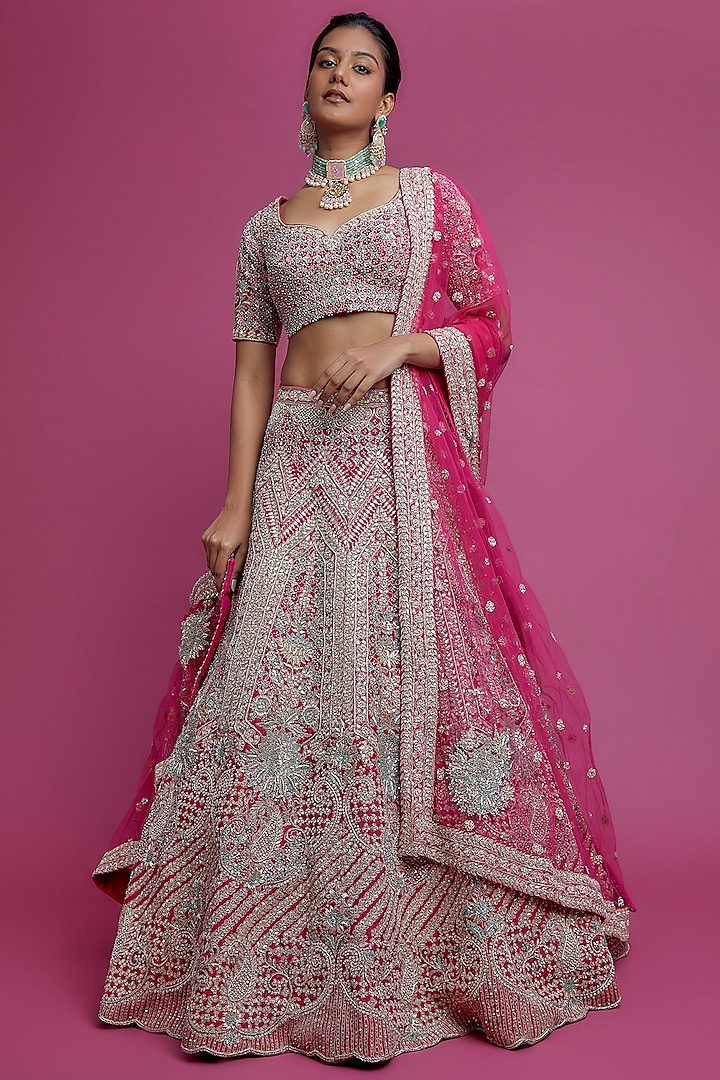 Pink Raw Silk Embroidered Lehenga Set by Kalighata