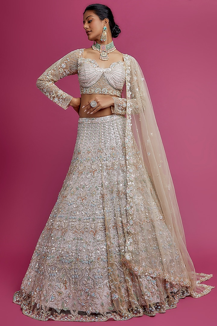 Grey Net Sequined Bridal Lehenga Set by Kalighata at Pernia's Pop Up Shop