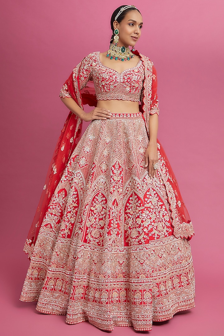 Red Raw Silk Embroidered Bridal Lehenga Set by Kalighata at Pernia's Pop Up Shop