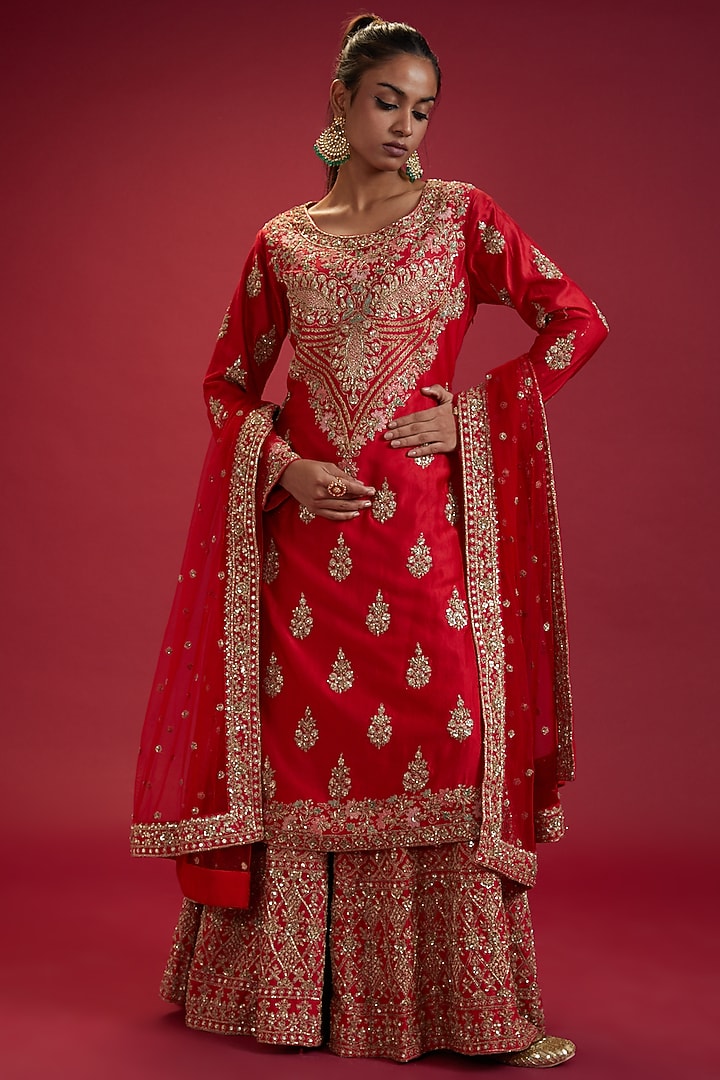 Red Chanderi Embroidered Bridal Sharara Set by Kalighata at Pernia's Pop Up Shop