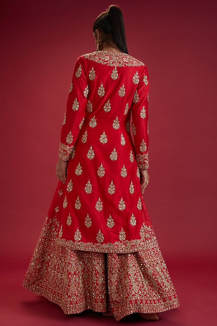Red Chanderi Embroidered Bridal Sharara Set by Kalighata at Pernia's Pop Up Shop