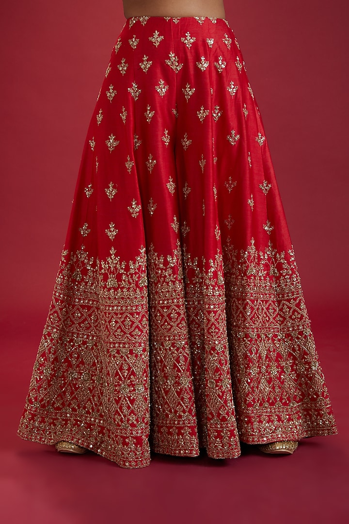 Red Chanderi Embroidered Bridal Sharara Set by Kalighata at Pernia's Pop Up Shop