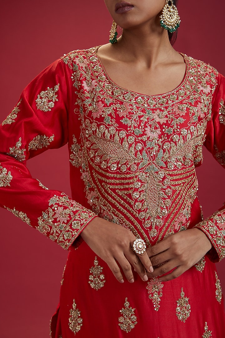 Red Chanderi Embroidered Bridal Sharara Set by Kalighata at Pernia's Pop Up Shop
