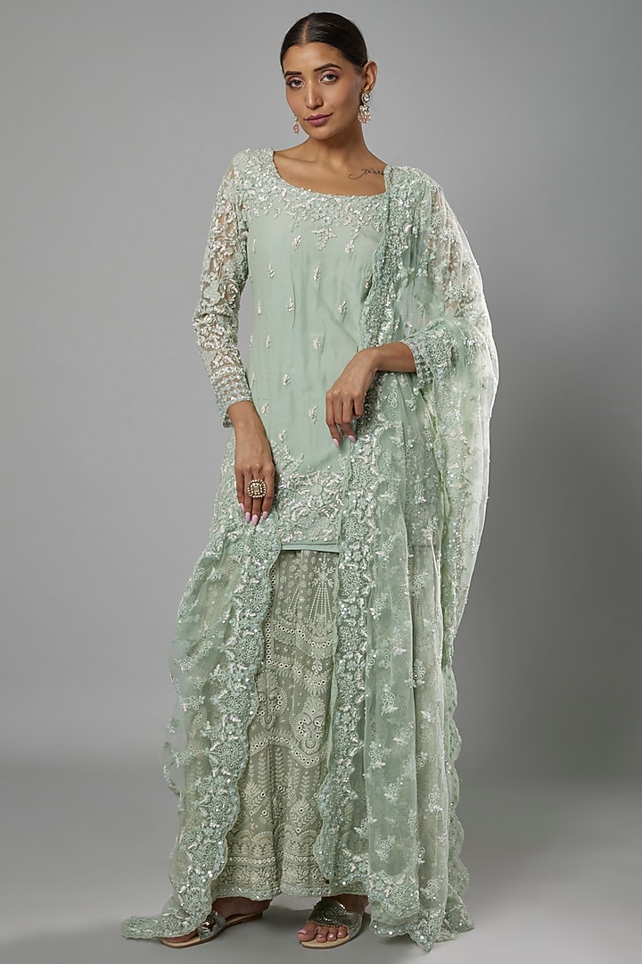 AQUA EMBROIDERED SHARARA SET