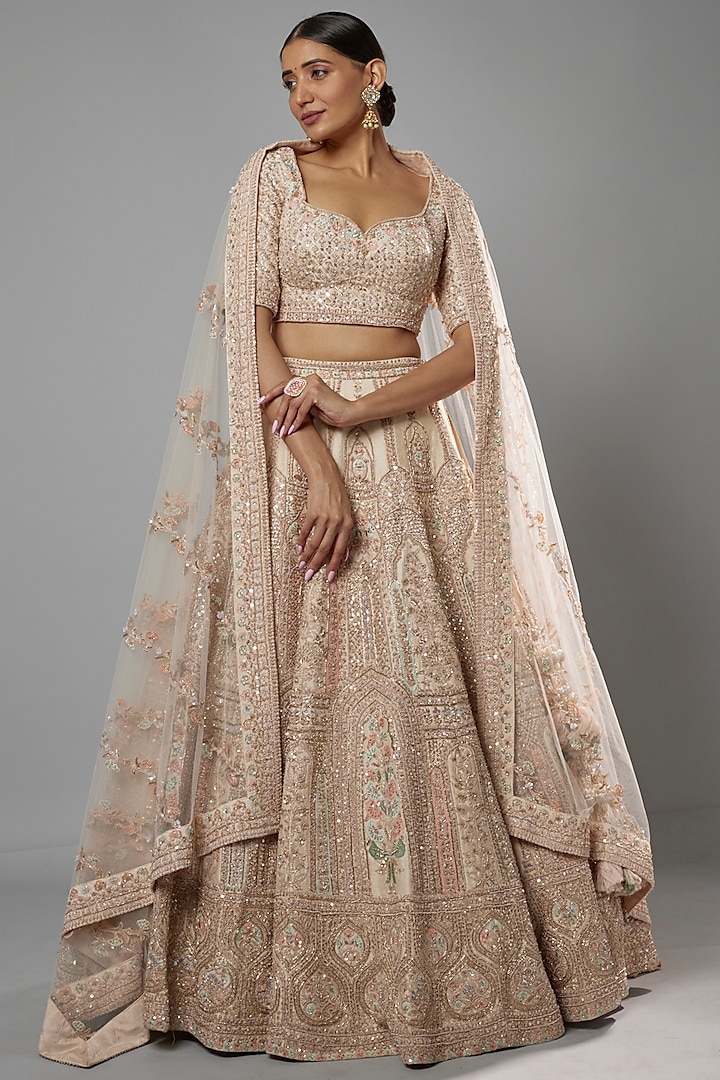 Peach Raw Silk Embroidered Lehenga Set by Kalighata