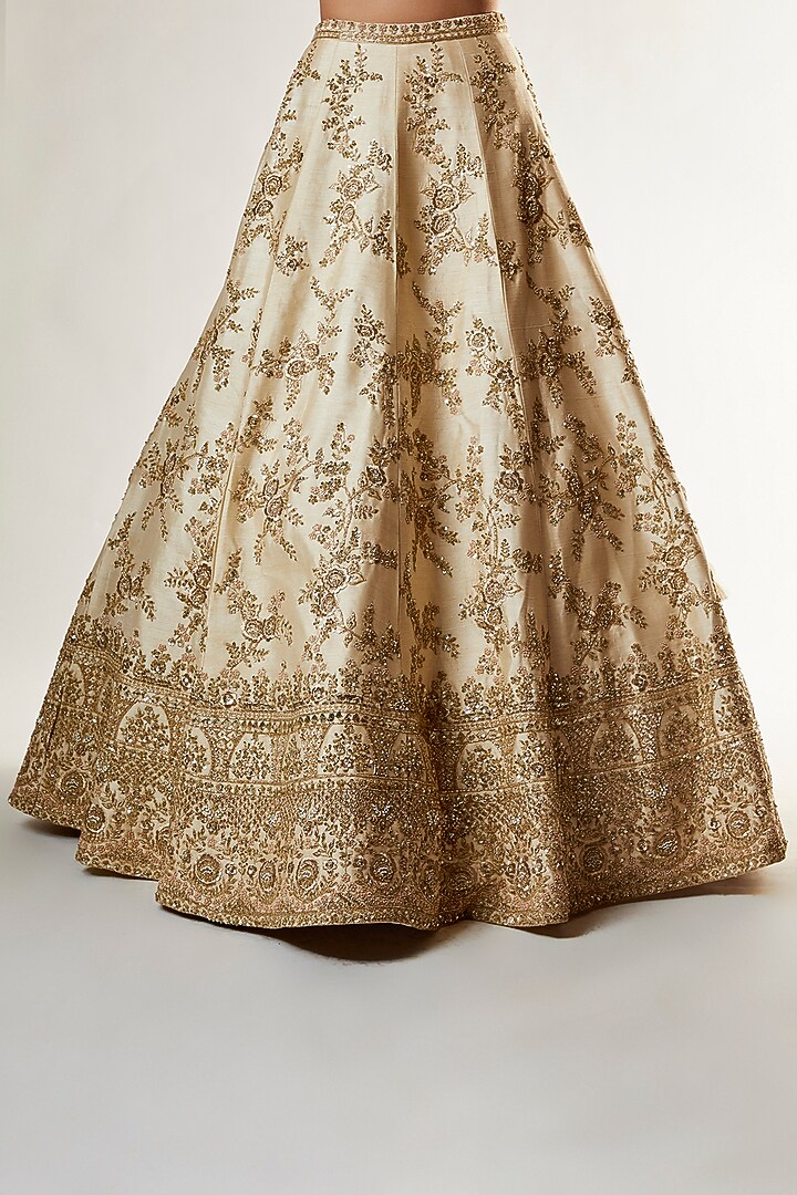 Beige Raw Silk Zardosi Embroidered Wedding Lehenga Set by Kalighata at Pernia's Pop Up Shop