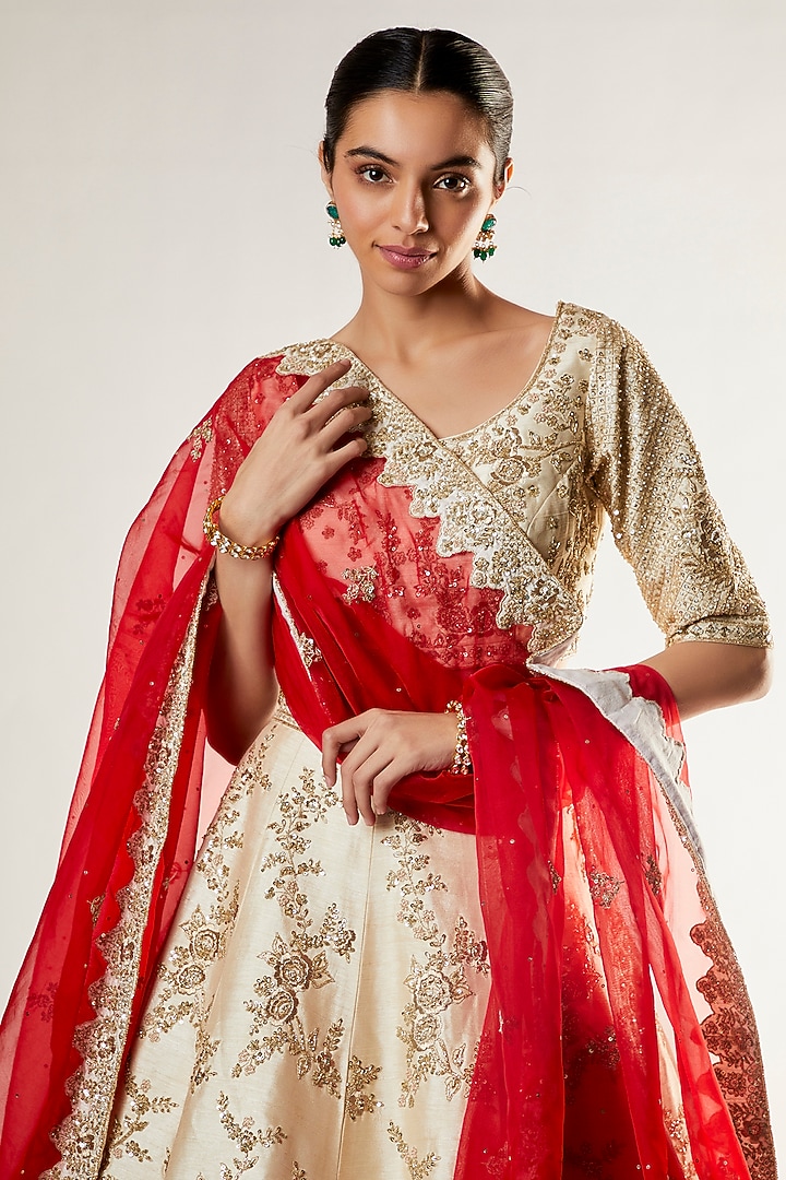 Beige Raw Silk Zardosi Embroidered Wedding Lehenga Set by Kalighata at Pernia's Pop Up Shop