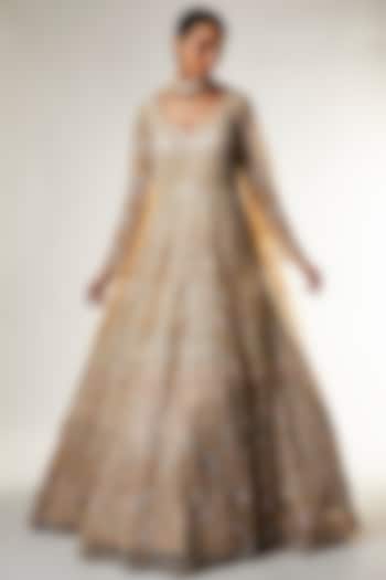Beige Net Embroidered Wedding Gown by Kalighata at Pernia's Pop Up Shop