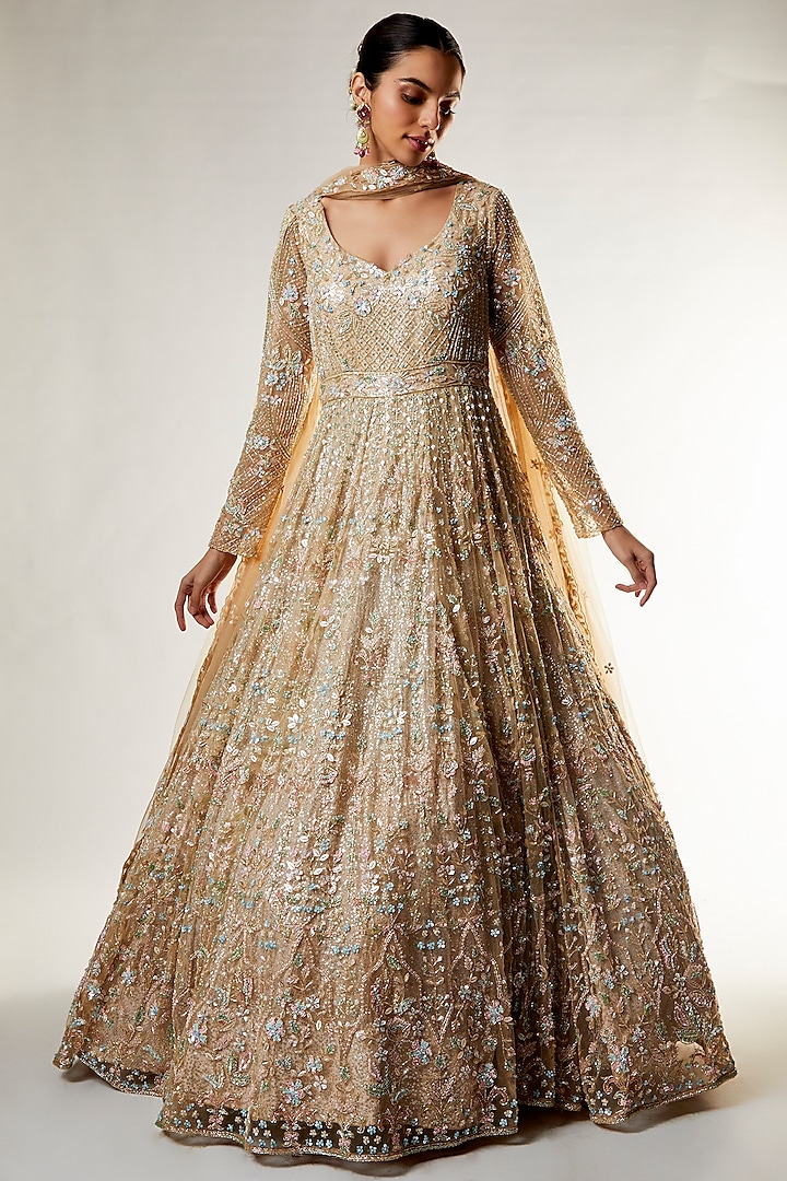 Beige Net Embroidered Wedding Gown by Kalighata at Pernia's Pop Up Shop