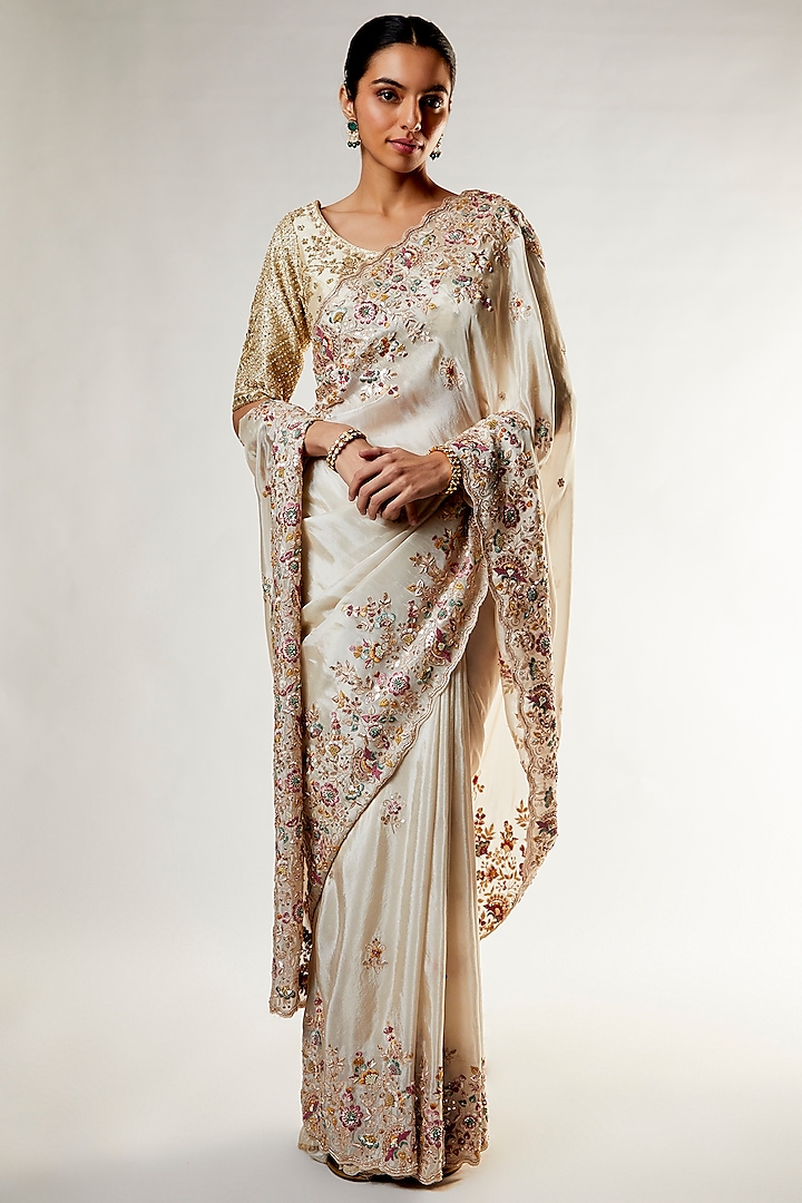 Beige Organza Embellished Saree Set by Kalighata at Pernia's Pop Up Shop