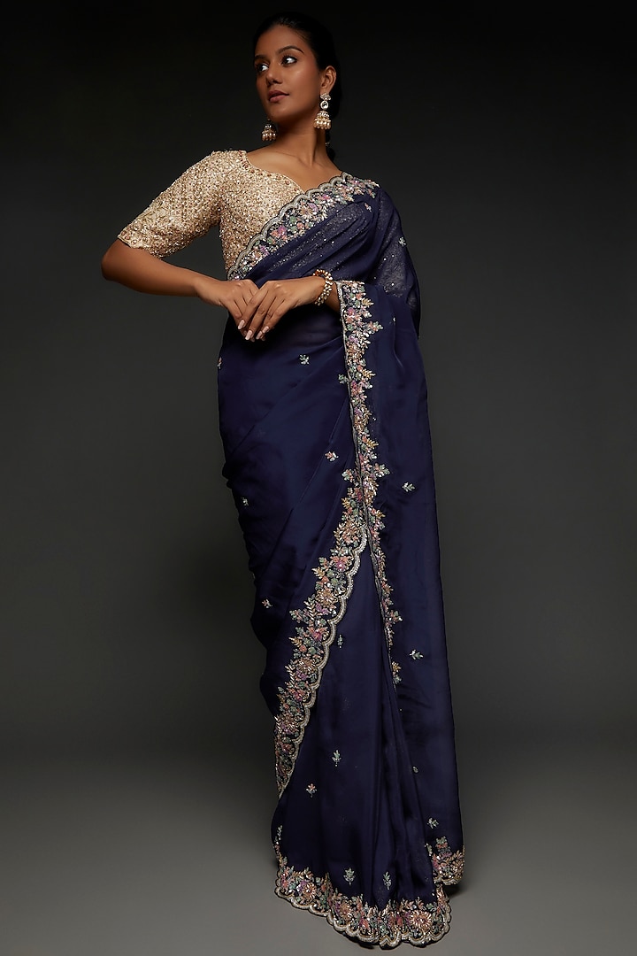 Royal Blue Organza Embroidered Saree Set by Kalighata at Pernia's Pop Up Shop