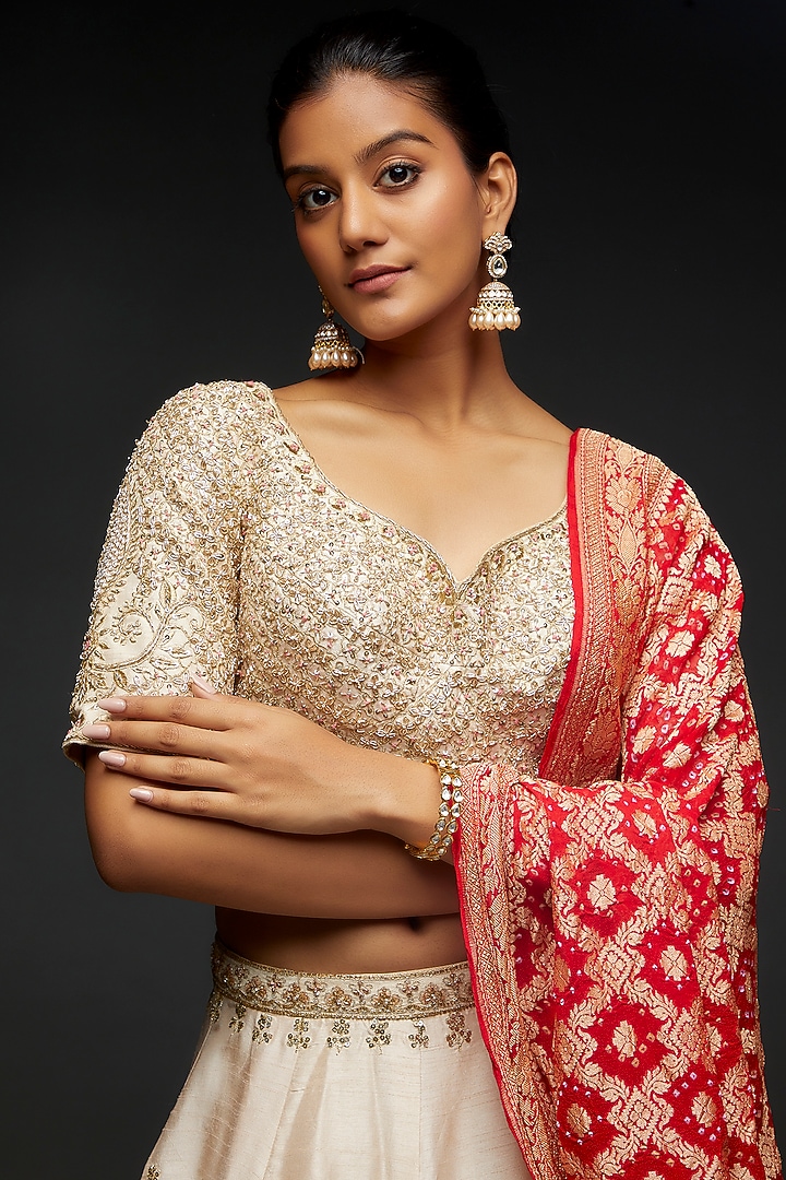 Ivory Silk Hand Embroidered Wedding Lehenga Set by Kalighata at Pernia's Pop Up Shop