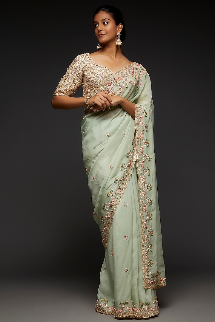 Sea Green Organza Embroidered Saree Set Design by Kalighata at Pernia's Pop Up Shop 2024
