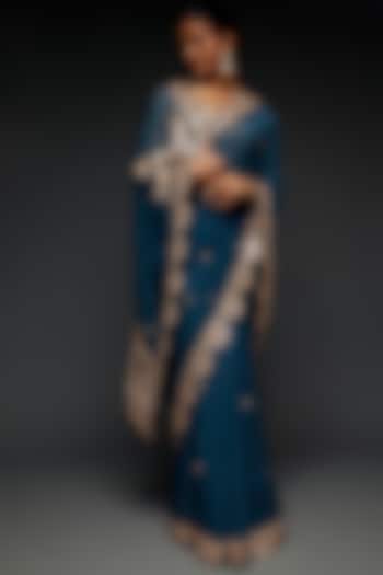 Teal Blue Organza Embroidered Wedding Saree Set by Kalighata at Pernia's Pop Up Shop