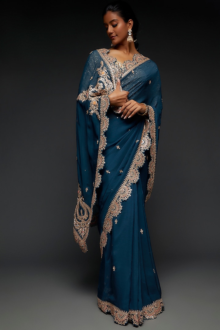 Teal Blue Organza Embroidered Wedding Saree Set by Kalighata at Pernia's Pop Up Shop
