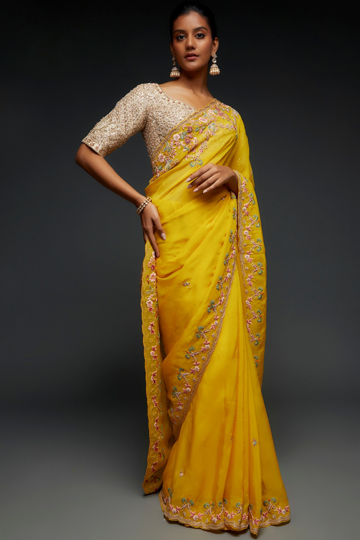 Banarasee Pure Organza Silk Saree With Floral Resham Embroidery-Yellow