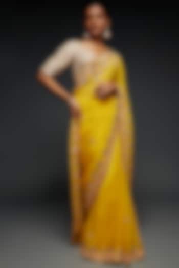 Mustard Yellow Organza Embroidered Wedding Saree Set by Kalighata at Pernia's Pop Up Shop