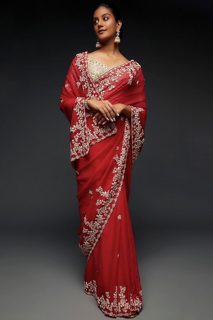 Cherry Red Organza Embroidered Saree Set by Kalighata at Pernia's Pop Up Shop