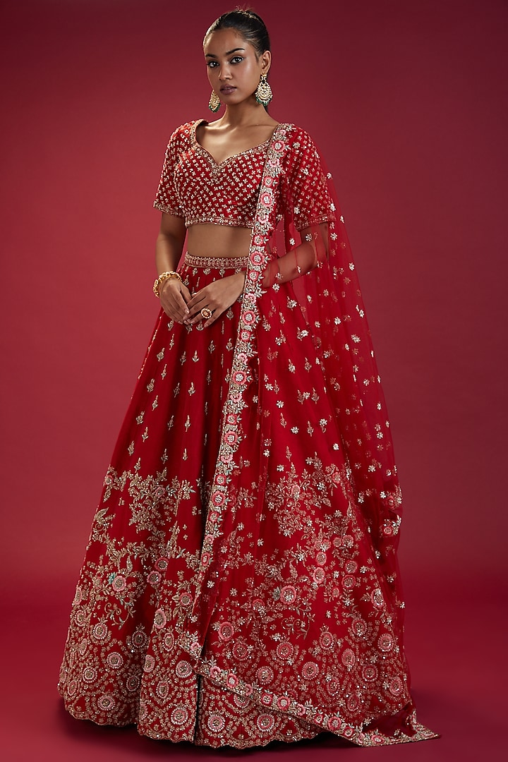 Red Raw Silk Hand Embroidered Lehenga Set Design By Kalighata At Pernias Pop Up Shop 2024 