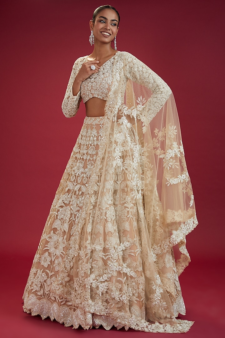 Gold Net Embroidered Lehenga Set by Kalighata