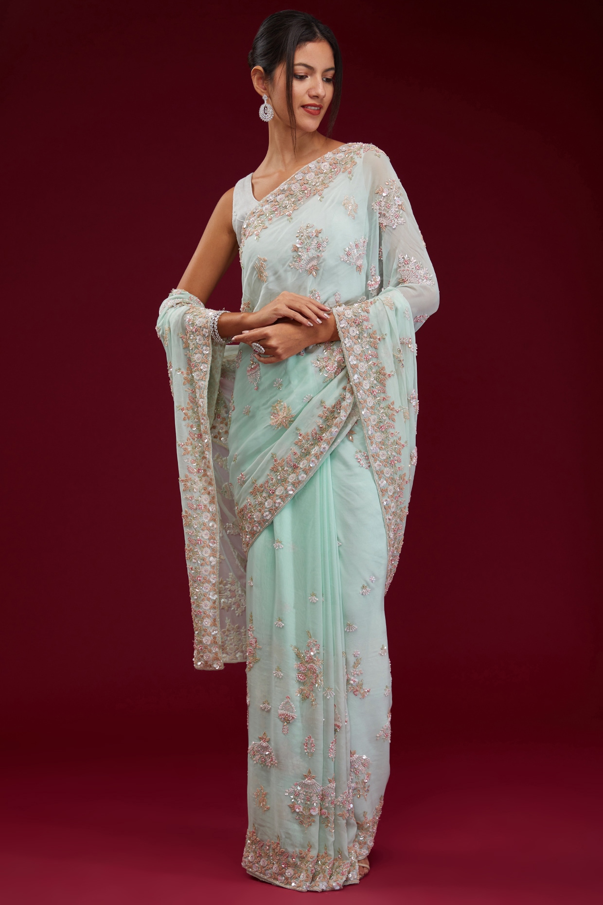 Embroidered Organza Saree in Sky Blue : SPF9708